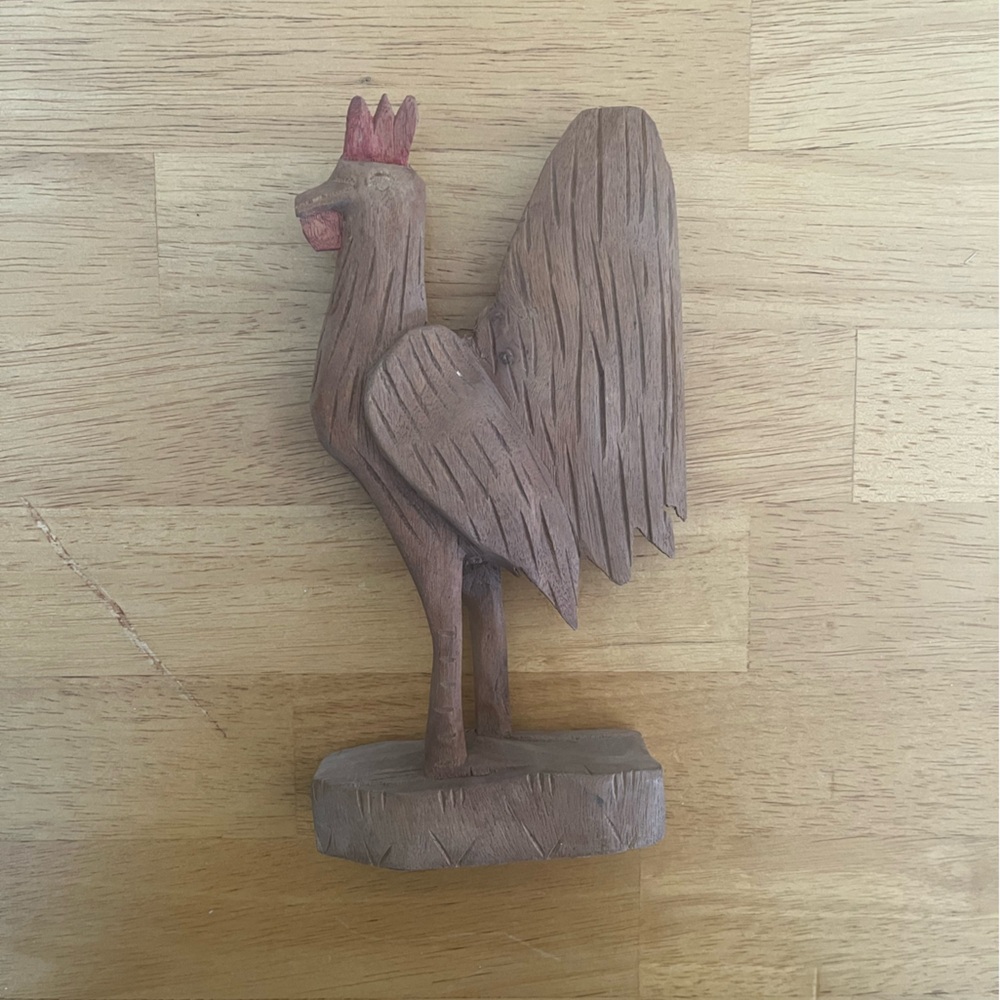 Handcrafted Wooden Rooster Figurine - Brown and Red